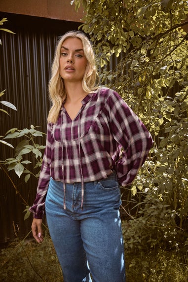 Yours Curve Burgundy Red Check Tie Neck Blouse