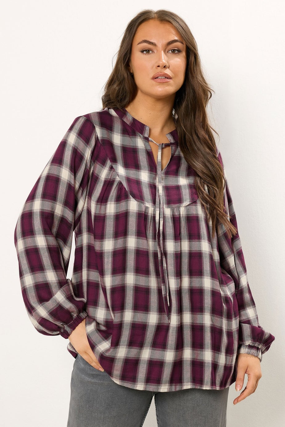 Yours Curve Burgundy Red Check Tie Neck Blouse