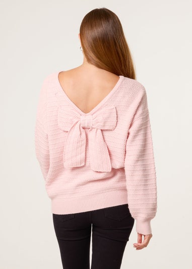 Blue Vanilla Pink Round Neck Bow Back Detailed Jumper