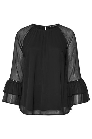 Yours Curve Black Ruffle Sleeve Stud Top