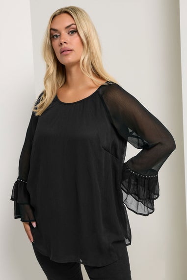 Yours Curve Black Ruffle Sleeve Stud Top