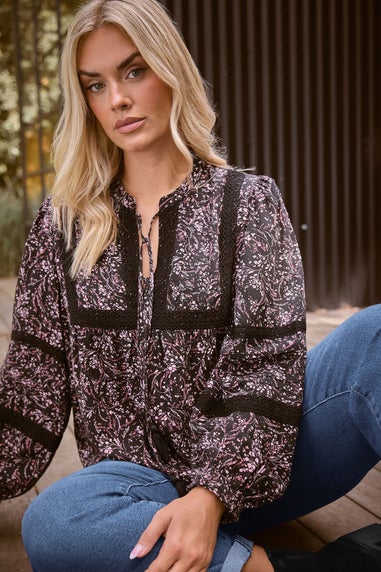 Yours Curve Pink Floral Crochet Trim Blouse