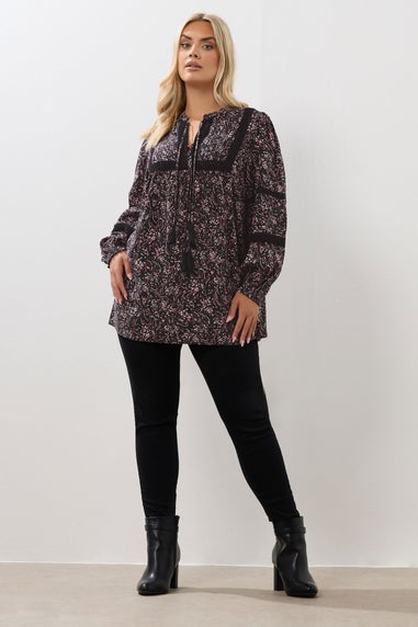 Yours Curve Pink Floral Crochet Trim Blouse