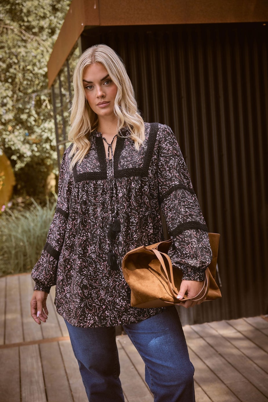 Yours Curve Pink Floral Crochet Trim Blouse