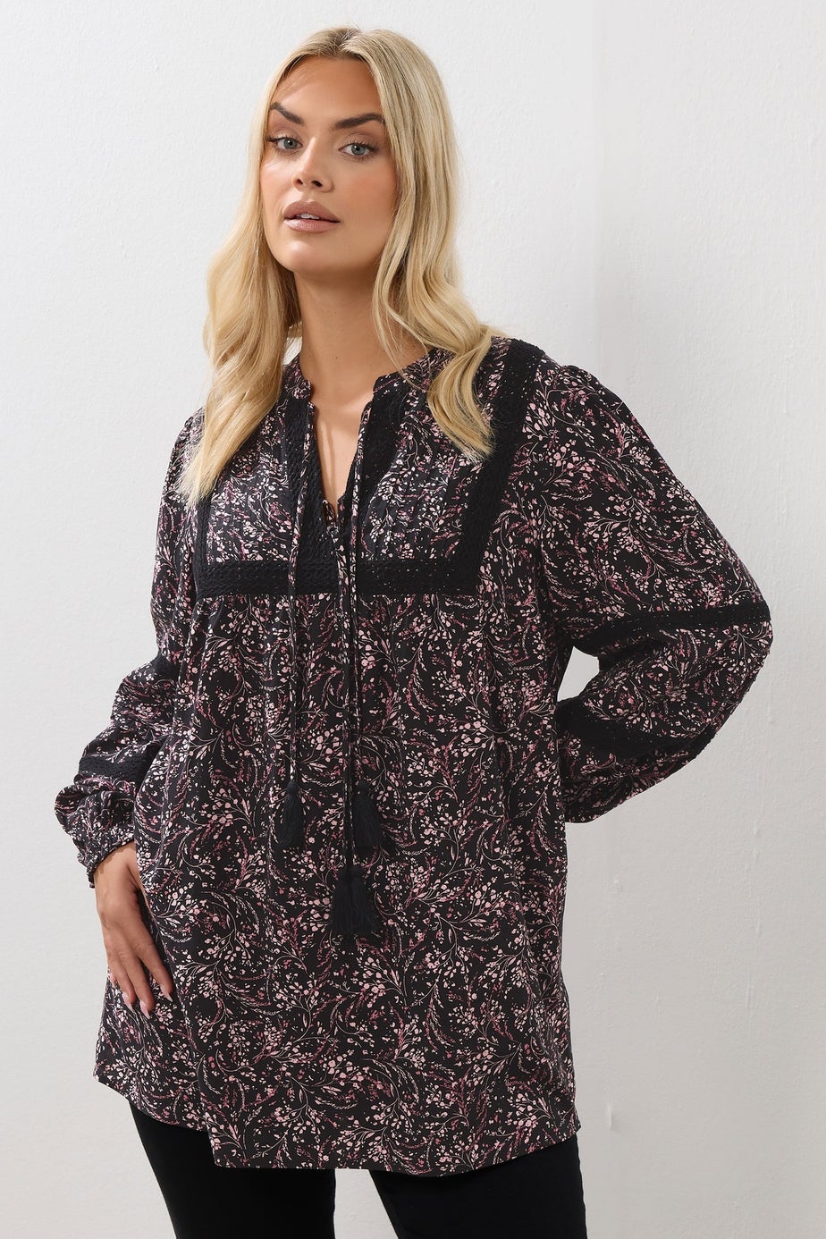 Yours Curve Pink Floral Crochet Trim Blouse