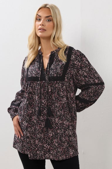 Yours Curve Pink Floral Crochet Trim Blouse