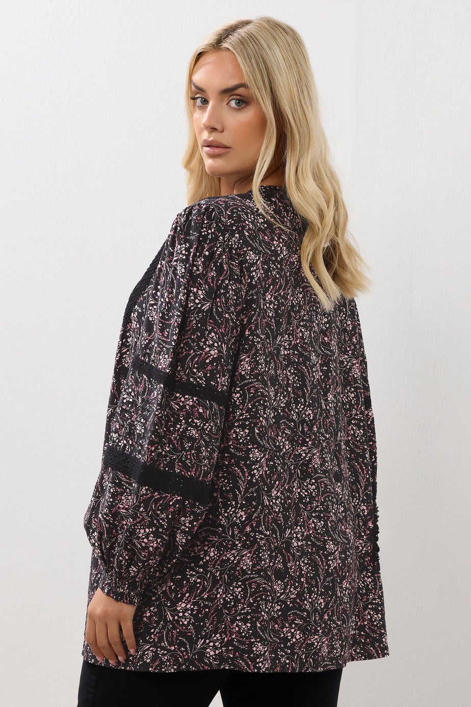 Yours Curve Pink Floral Crochet Trim Blouse