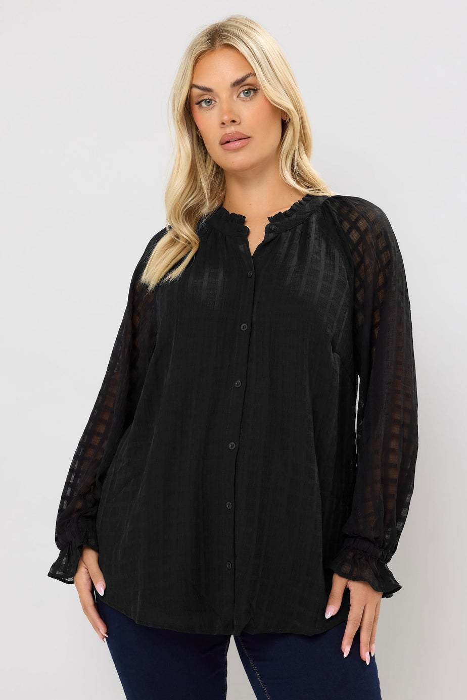 Yours Curve Black Textured Frill Neck Blouse