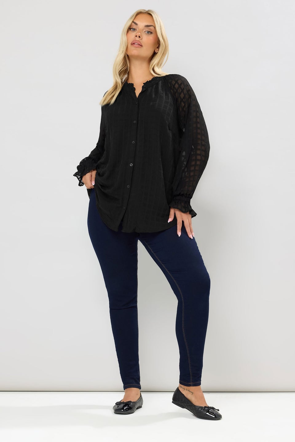 Yours Curve Black Textured Frill Neck Blouse