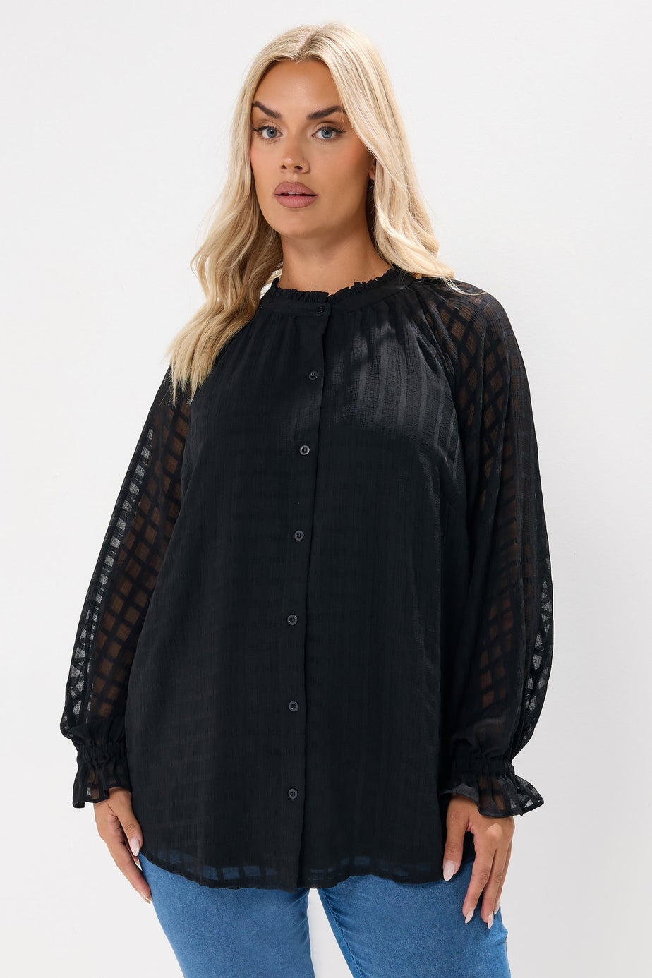 Yours Curve Black Textured Frill Neck Blouse