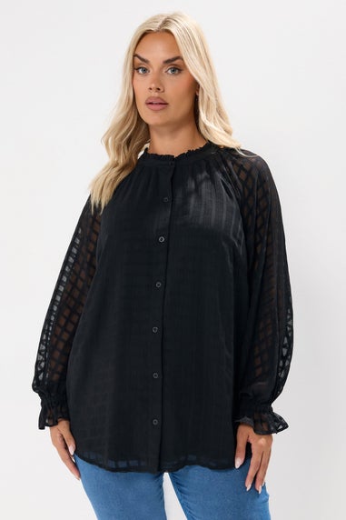 Yours Curve Black Textured Frill Neck Blouse