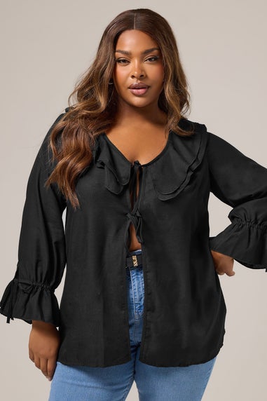 Yours Curve Black Ruffle Tie Front Blouse