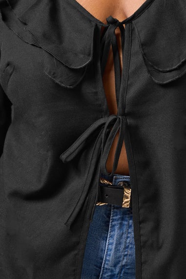 Yours Curve Black Ruffle Tie Front Blouse