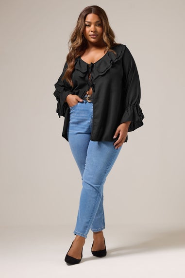 Yours Curve Black Ruffle Tie Front Blouse