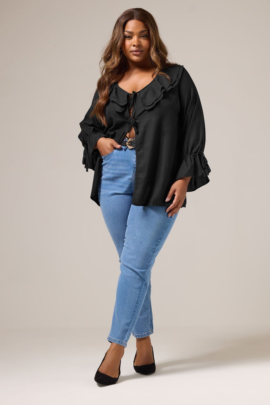 Yours Curve Black Ruffle Tie Front Blouse