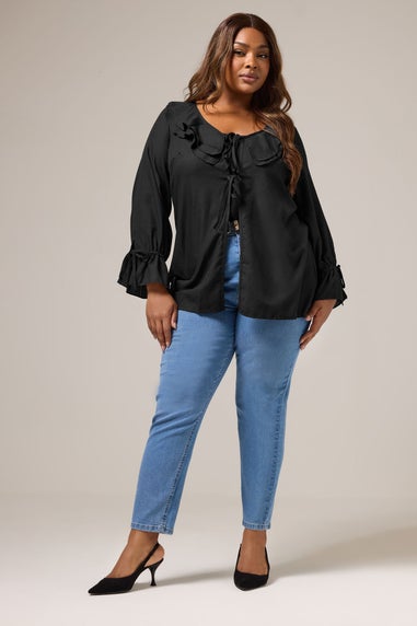 Yours Curve Black Ruffle Tie Front Blouse