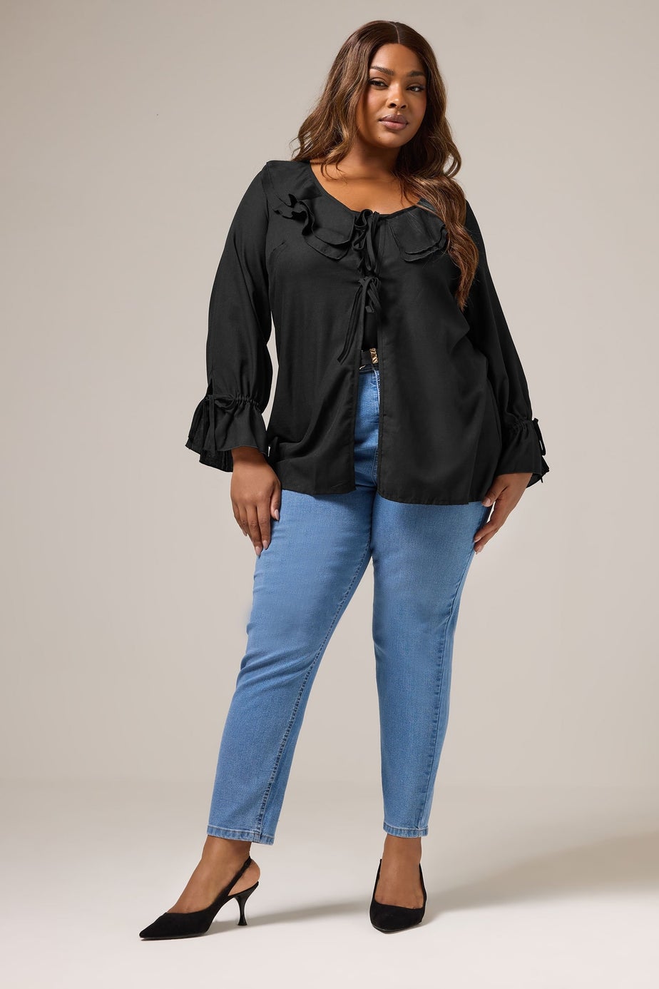 Yours Curve Black Ruffle Tie Front Blouse