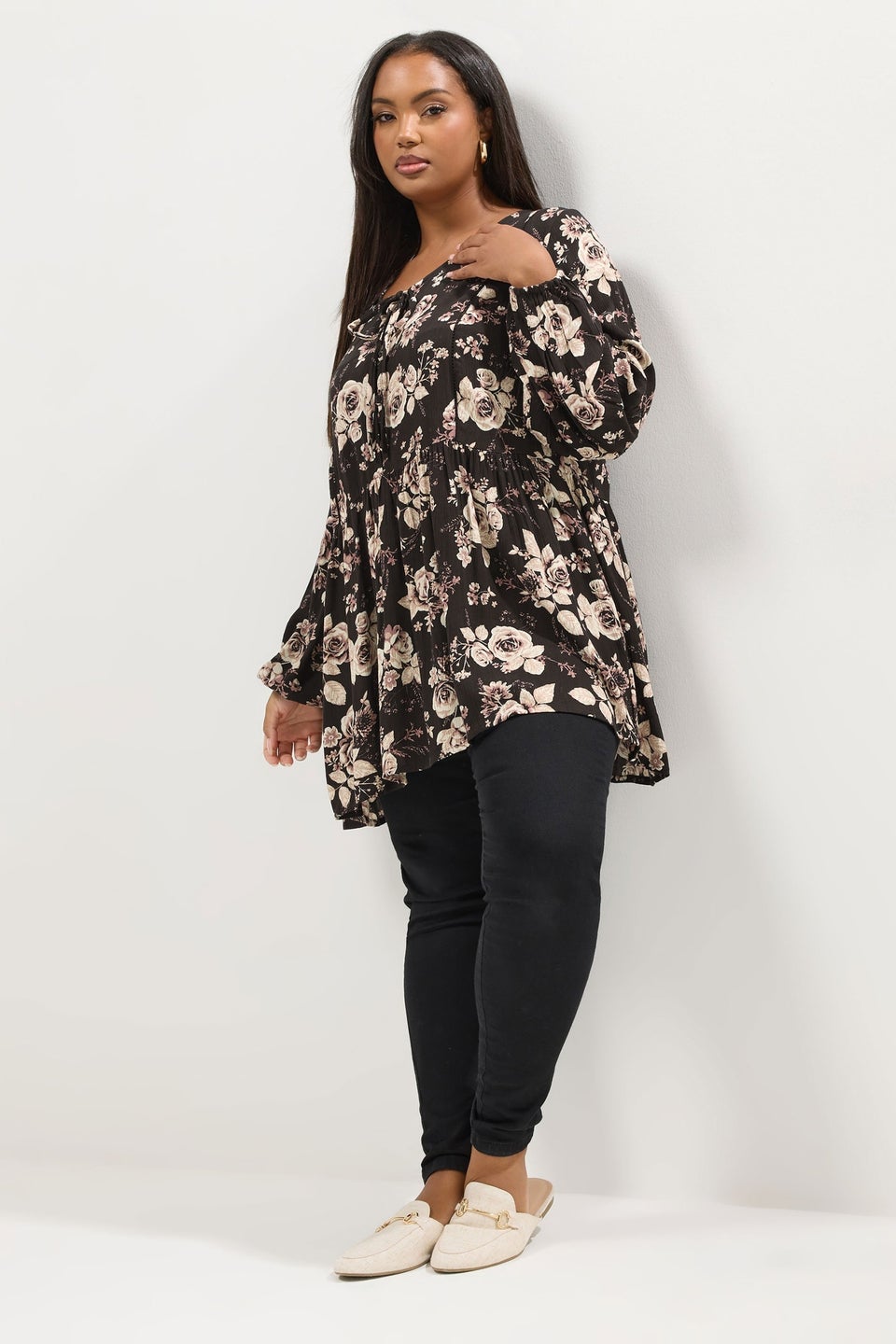 Yours Curve Black Rose Print Tie Neck Blouse