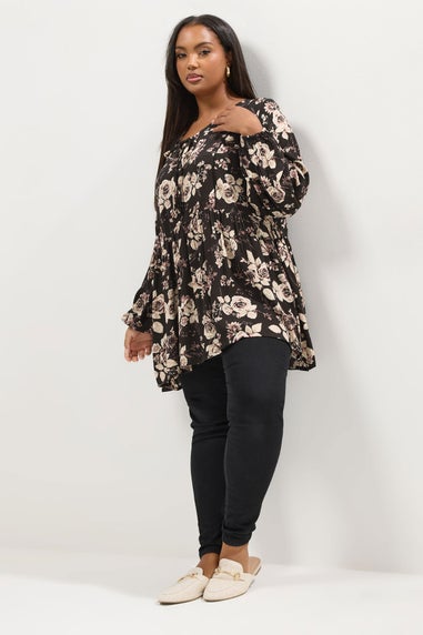Yours Curve Black Rose Print Tie Neck Blouse