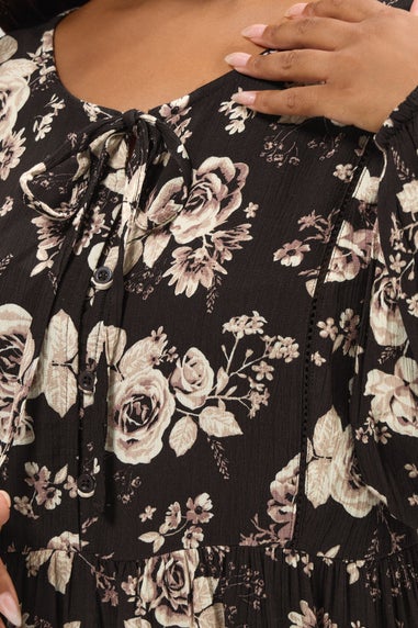 Yours Curve Black Rose Print Tie Neck Blouse
