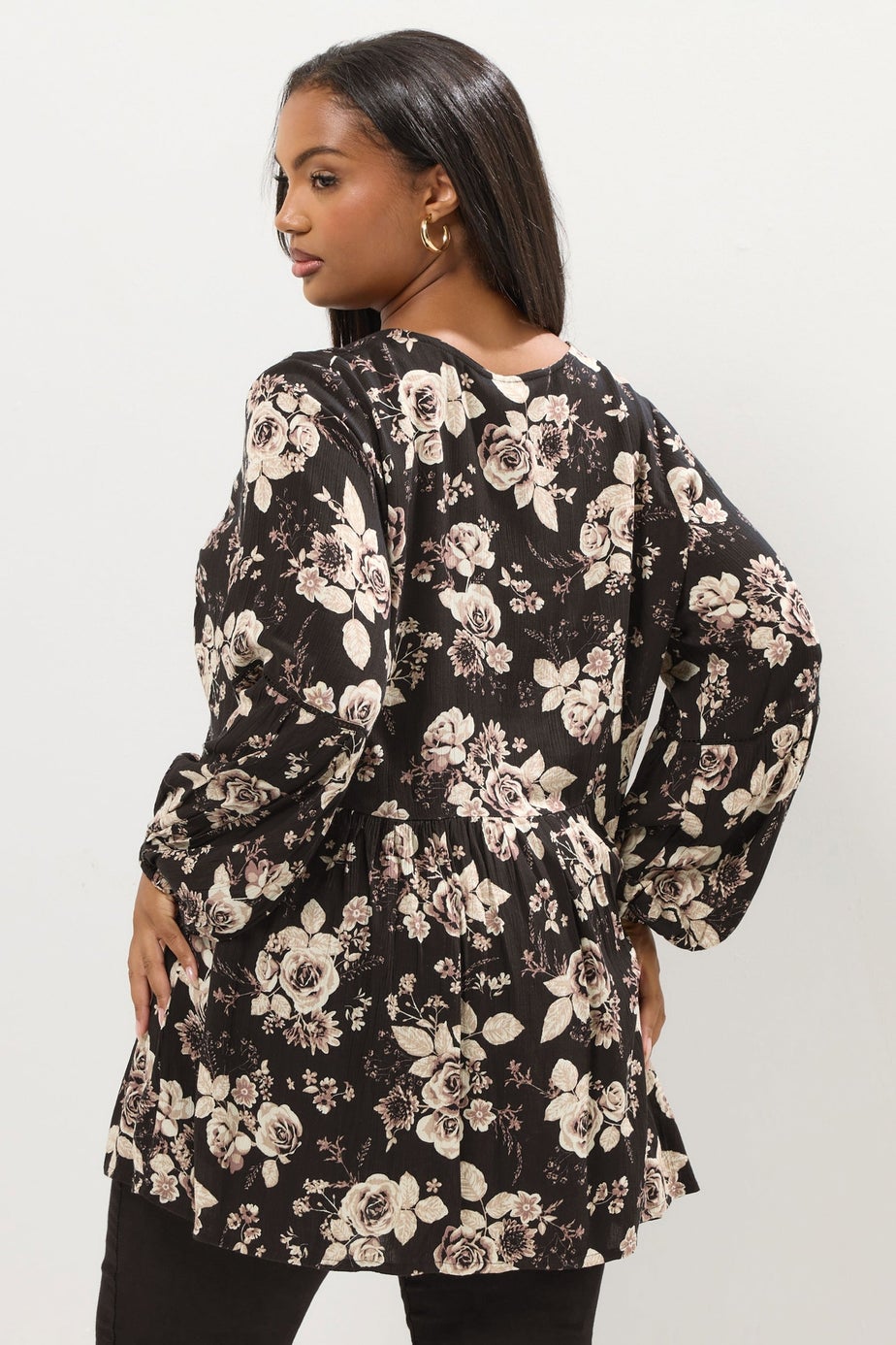Yours Curve Black Rose Print Tie Neck Blouse