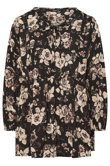 Yours Curve Black Rose Print Tie Neck Blouse