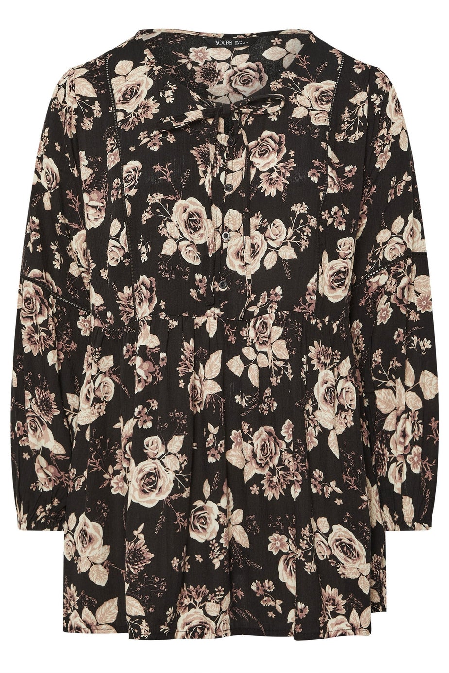 Yours Curve Black Rose Print Tie Neck Blouse