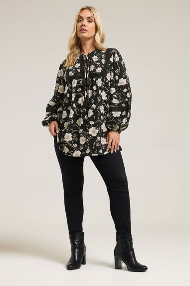 Yours Curve Black Floral Crochet Trim Blouse