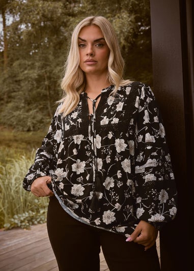 Yours Curve Black Floral Crochet Trim Blouse