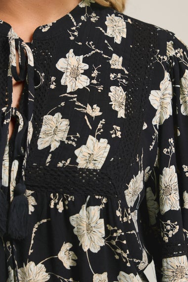 Yours Curve Black Floral Crochet Trim Blouse