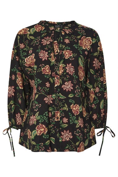 Yours Curve Black Floral Tie Neck Blouse