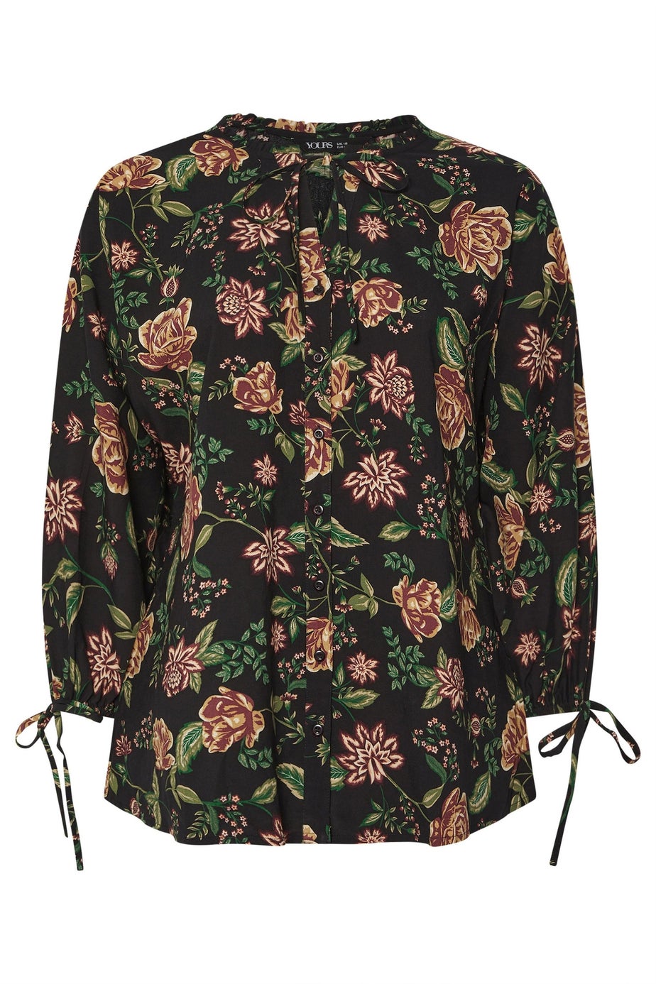 Yours Curve Black Floral Tie Neck Blouse