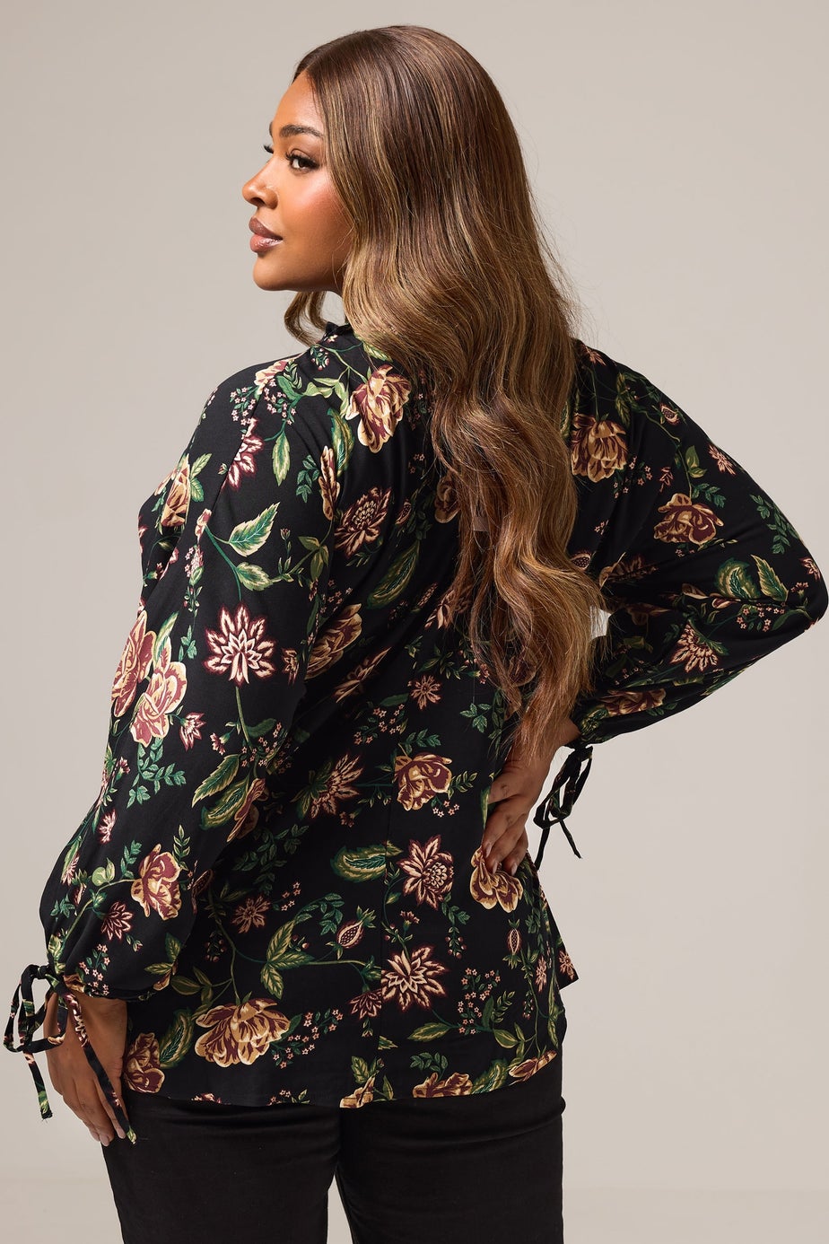 Yours Curve Black Floral Tie Neck Blouse