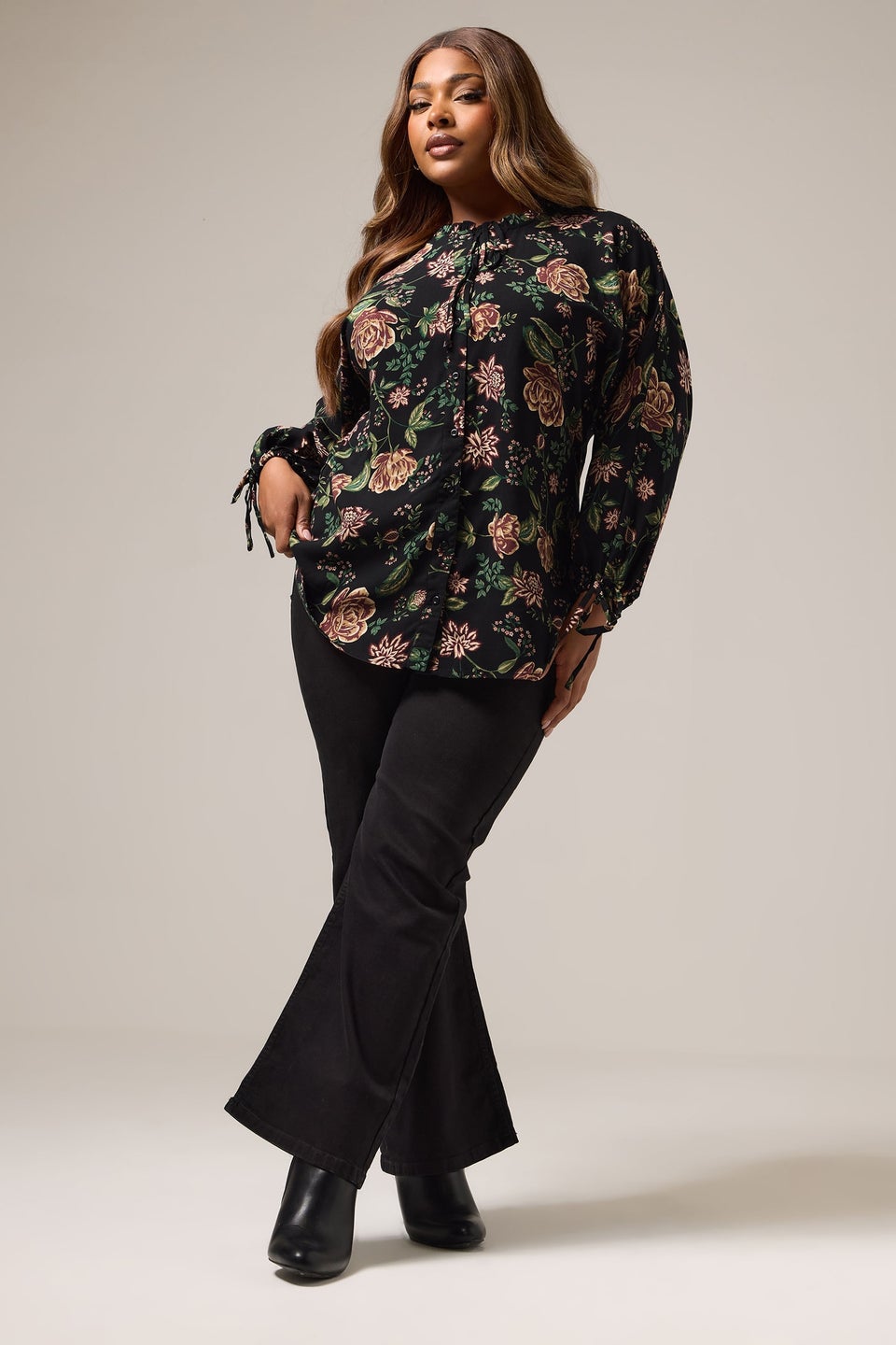 Yours Curve Black Floral Tie Neck Blouse