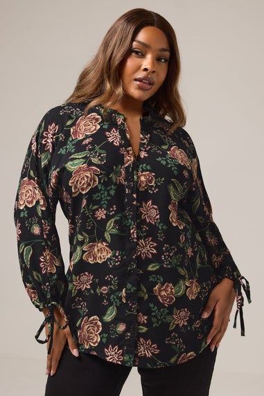 Yours Curve Black Floral Tie Neck Blouse