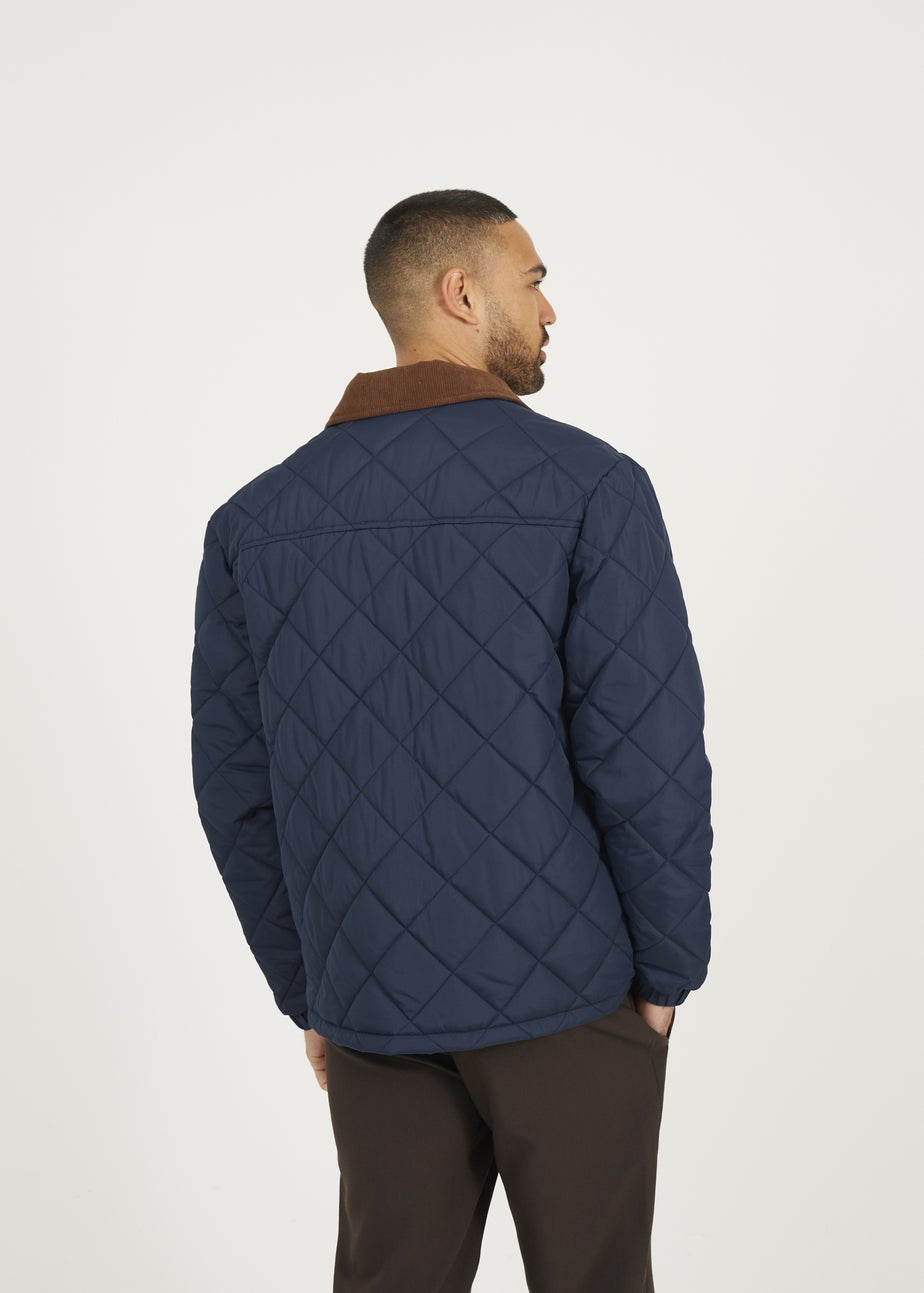 Brave Soul Navy Quilted Coach Jacket with Cord Collar