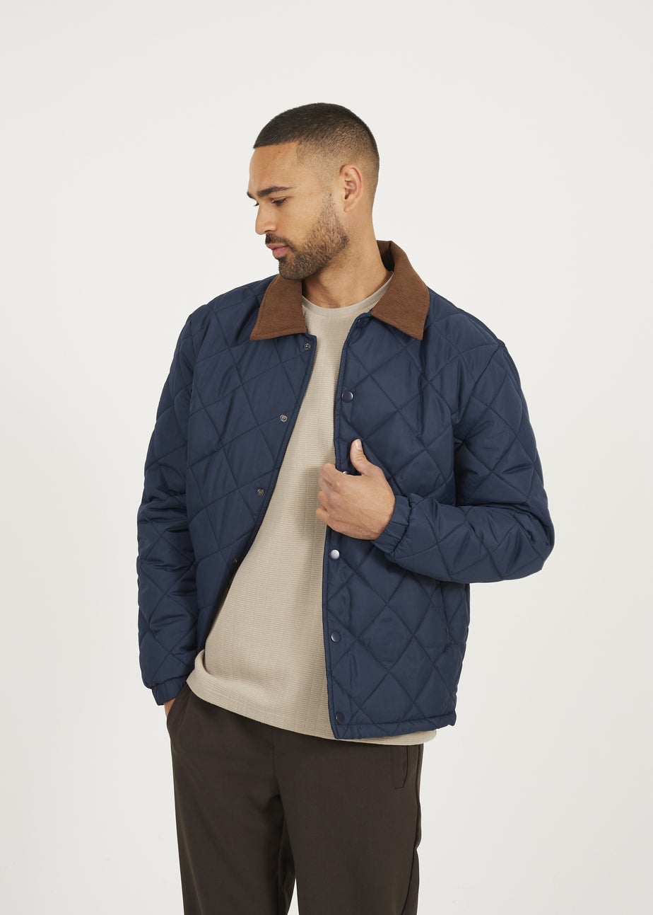 Brave Soul Navy Quilted Coach Jacket with Cord Collar