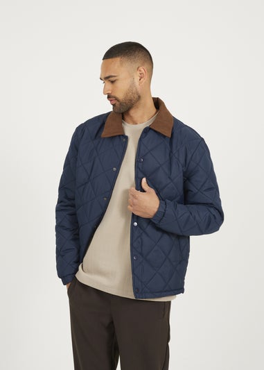 Brave Soul Navy Quilted Coach Jacket with Cord Collar