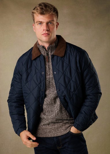 Brave Soul Navy Quilted Coach Jacket with Cord Collar