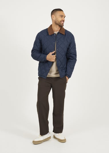 Brave Soul Navy Quilted Coach Jacket with Cord Collar