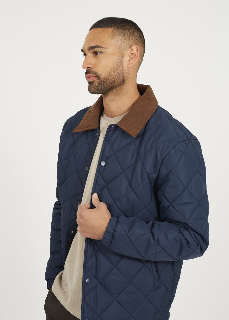 Brave Soul Navy Quilted Coach Jacket with Cord Collar