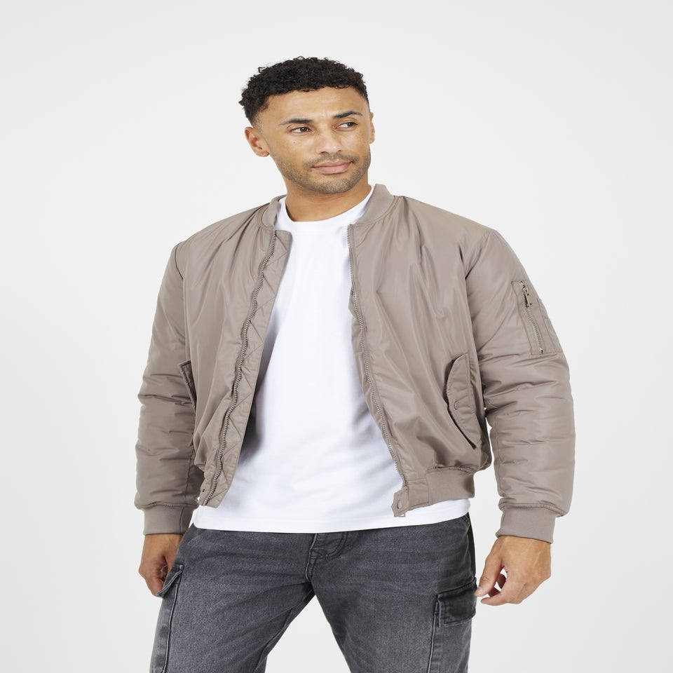 Brave Soul Taupe Bomber Jacket with Sleeve Pocket Detail