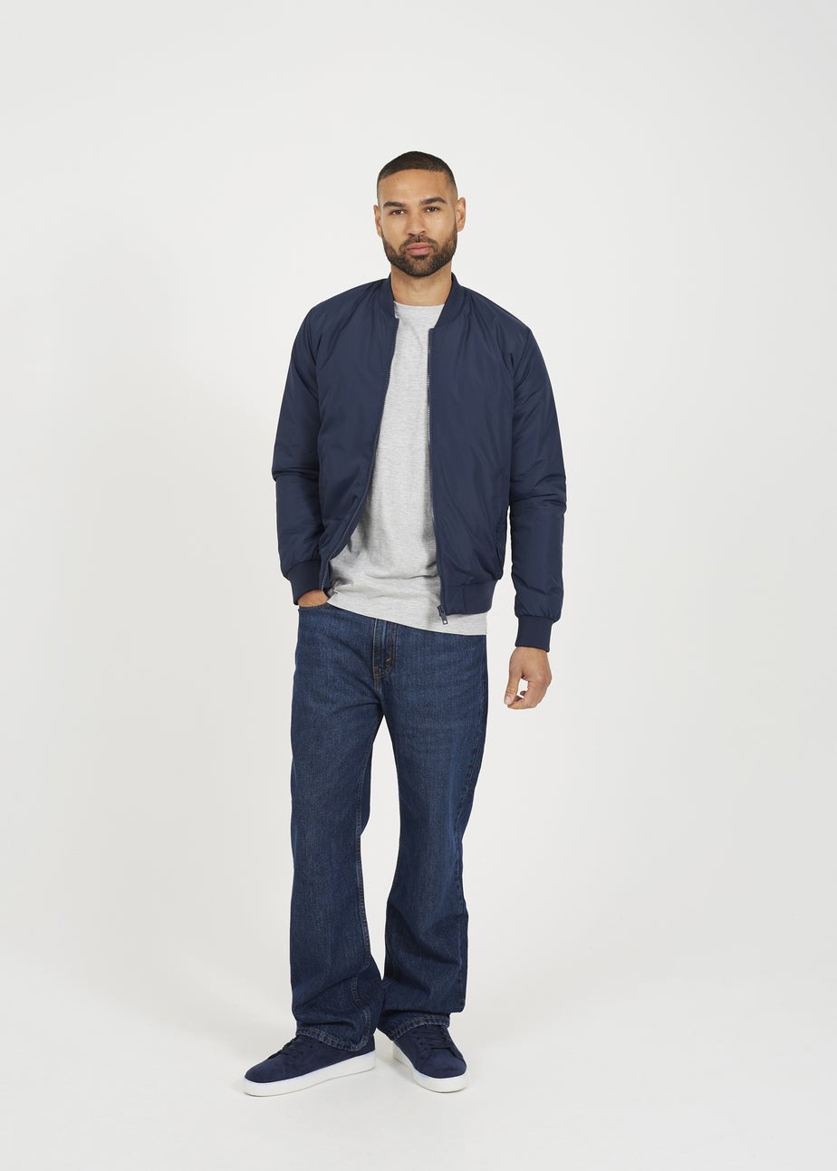 Brave Soul Navy Collarless Bomber Zip-Up Jacket