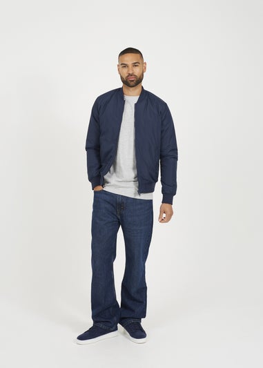 Brave Soul Navy Collarless Bomber Zip-Up Jacket