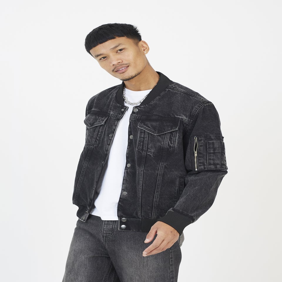 Brave Soul Black Washed Denim Bomber Jacket