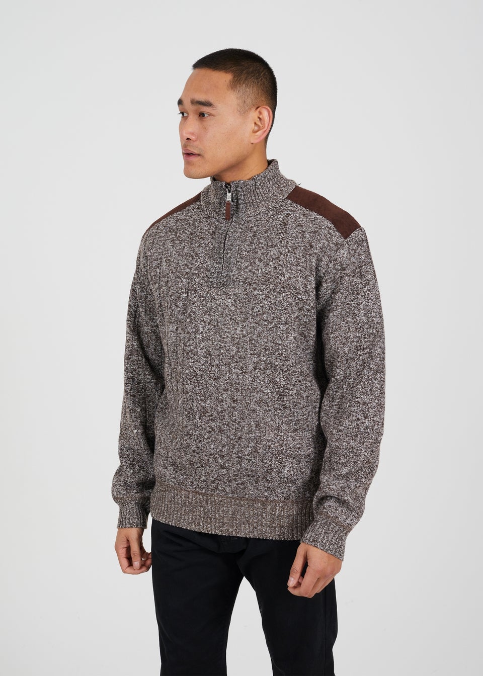 Brave Soul Brown Quarter Zip Funnel Neck Jumper