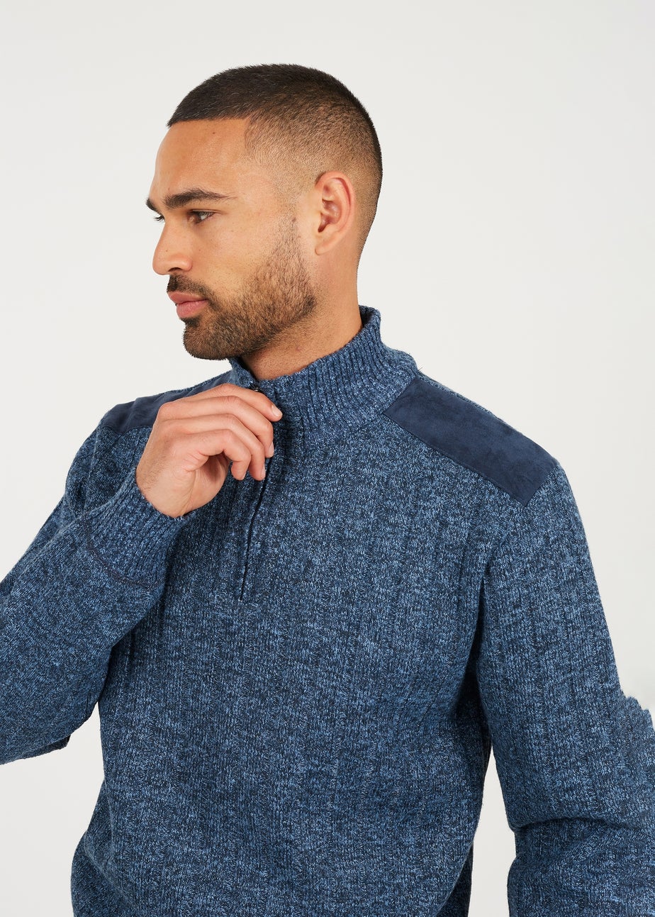 Brave Soul Navy Quarter Zip Funnel Neck Jumper