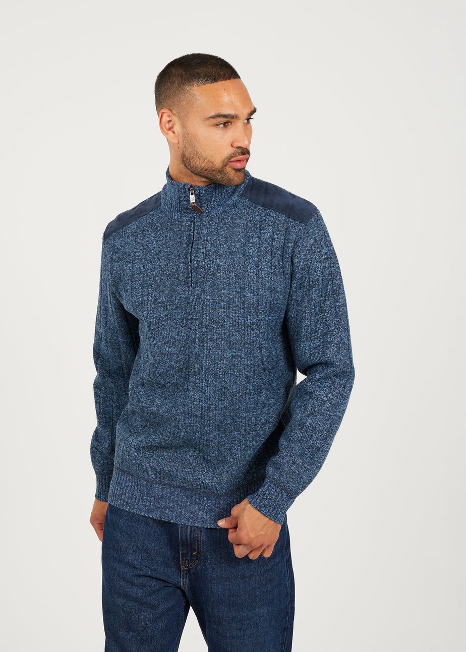 Brave Soul Navy Quarter Zip Funnel Neck Jumper