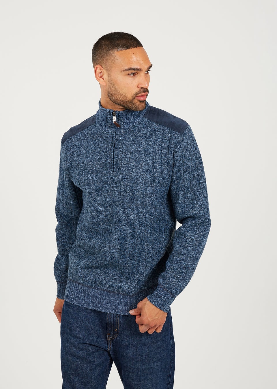 Brave Soul Navy Quarter Zip Funnel Neck Jumper