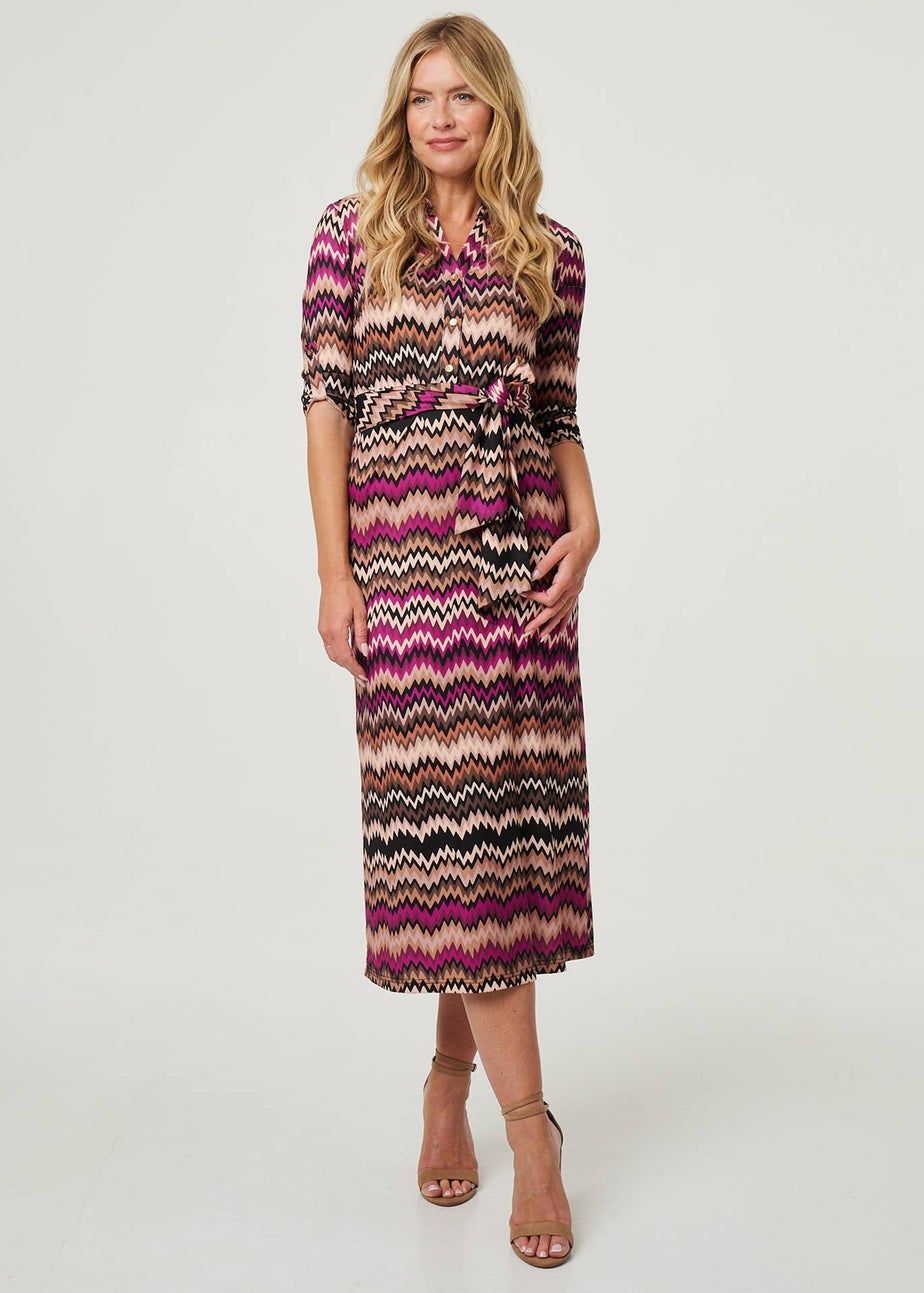 Izabel London Purple Chevron Print Tie Waist Midi Shirt Dress